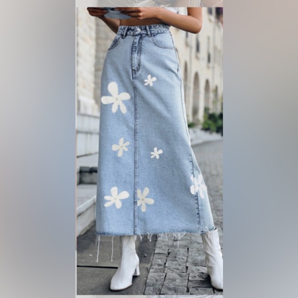Light Blue Denim Maxi Skirt with White Floral Prints
